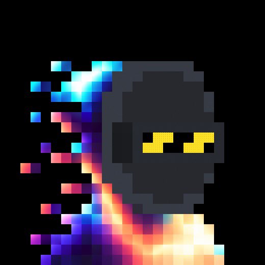 A pixelated dark gray ghostly figure with yellow digital-style eyes disintegrates into a trail of colorful blue, purple, pink, and orange pixels on its left side, set against a black background. The glitching, ethereal aesthetic visually represents the "APPARITION" lineage trait from the accompanying zkSNARK #9734 metadata, with the pixel dissolution embodying its vanishing spectral nature.