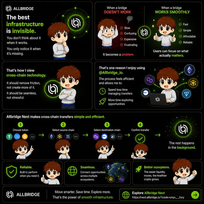 An Allbridge promotional infographic titled 'The best infrastructure is invisible' featuring anime-style characters and sections about cross-chain technology and Allbridge Next.