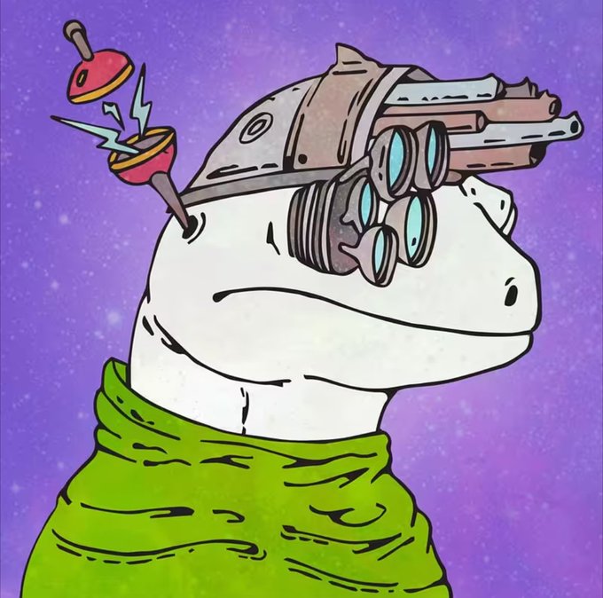A cartoon illustration of a white frog-like character wearing a metallic helmet with mechanical goggles and an antenna emitting sparks against a purple starry background.