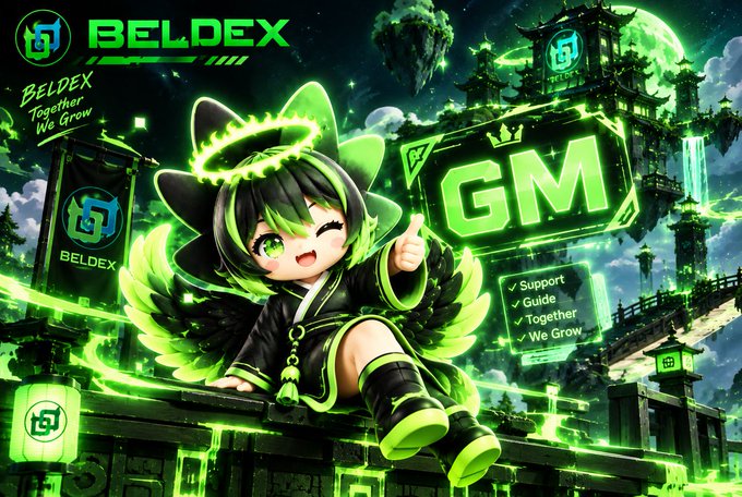 A vibrant neon-green digital illustration features a chibi-style character with a glowing halo giving a thumbs-up, alongside the 'BELDEX' logo, 'Together We Grow' slogan, and 'GM' text with a checklist of 'Support, Guide, Together, We Grow.'