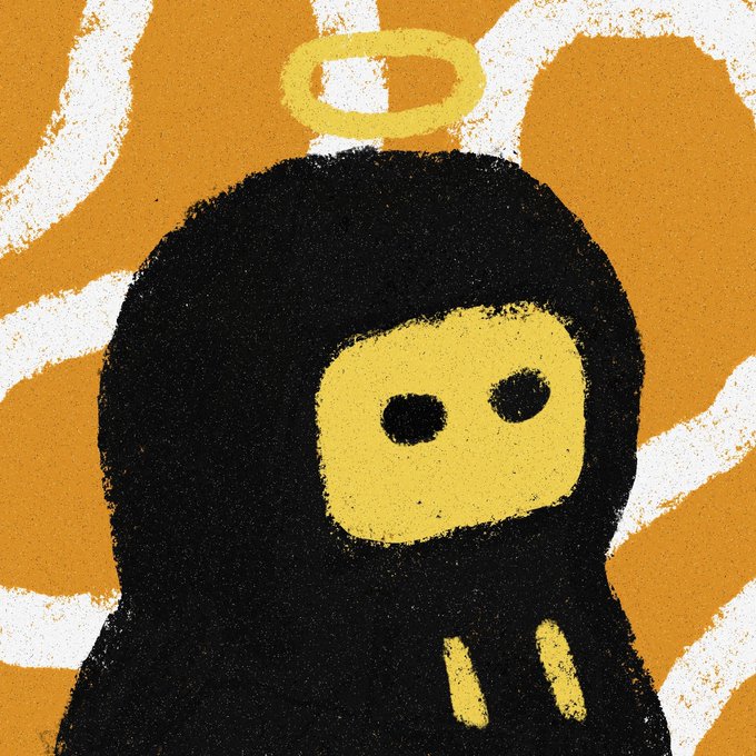 A textured, hand-drawn style illustration of a small black hooded figure with a yellow face and a yellow halo floating above its head against an orange background with white wavy lines.