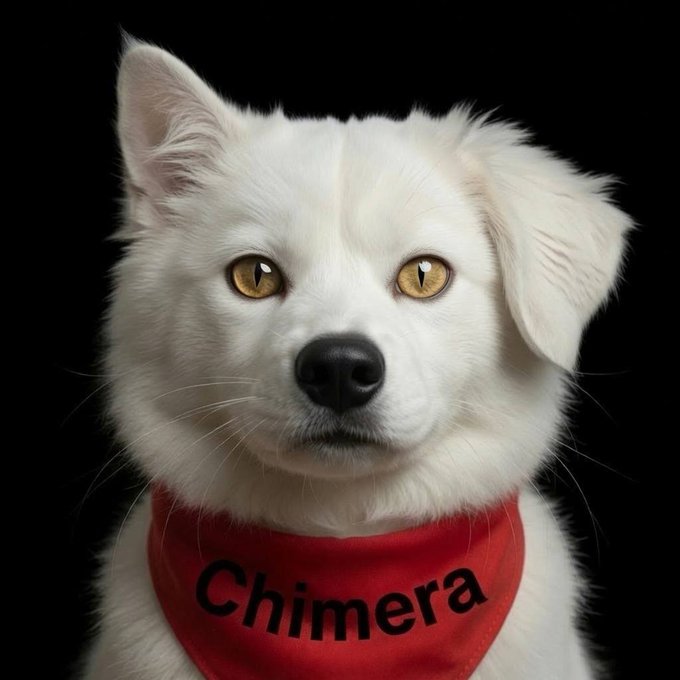 A white dog with one perked-up ear and one floppy ear gazes forward against a black background, wearing a red bandana that reads "Chimera" in black text. The image captures the $CHIMERA memecoin mascot, reflecting the post's theme of a hybrid creature blending loyal dog traits with sly cat energy to represent the Solana-based token.