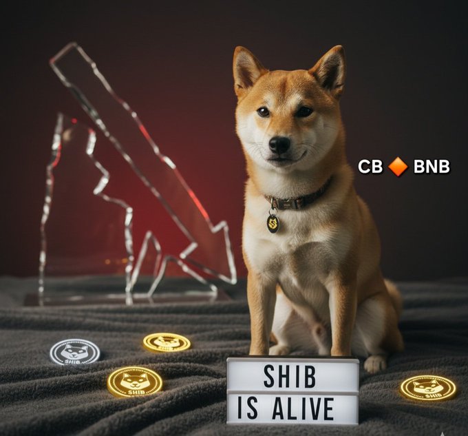 A Shiba Inu dog wearing a collar sits beside a "SHIB IS ALIVE" sign and scattered SHIB coins, with a downward red chart in the background illustrating the crypto market decline. The image visually reinforces the message that despite recent market downturns, the SHIB token continues to hold strong.