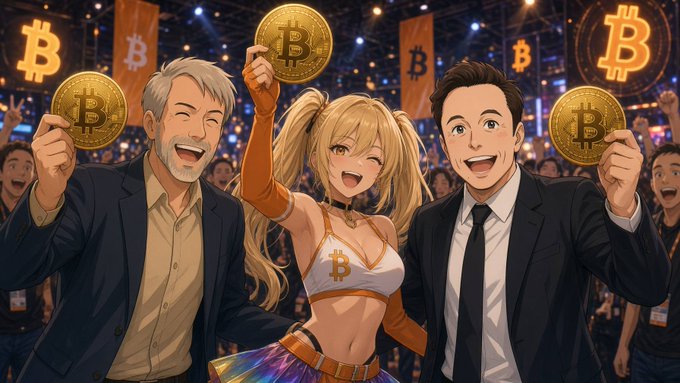 An anime-style illustration shows a cheering crowd at a cryptocurrency conference, with three prominent figures in the foreground holding up gold Bitcoin coins and wearing Bitcoin logos.
