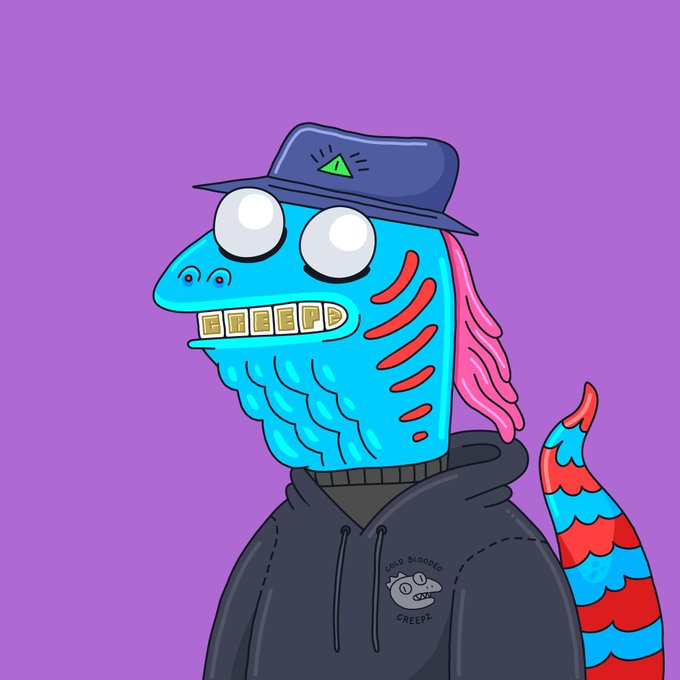 A cartoon illustration of a blue fish-like creature wearing a dark hoodie and blue hat, with a striped tail, set against a solid purple background.