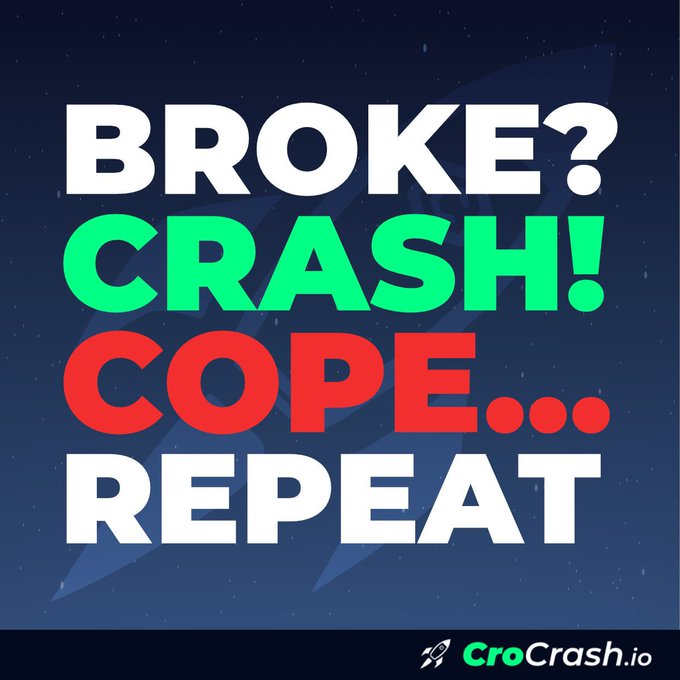 A bold meme graphic reading 'BROKE? CRASH! COPE... REPEAT' in white, green, and red text on a dark blue background, branded with CroCrash.io at the bottom.