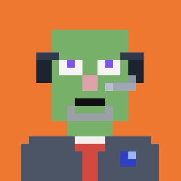 A low-resolution pixel-art avatar of a green-skinned character with purple eyes, a headset, and a headset microphone, wearing a dark suit with a red tie against a solid orange background.