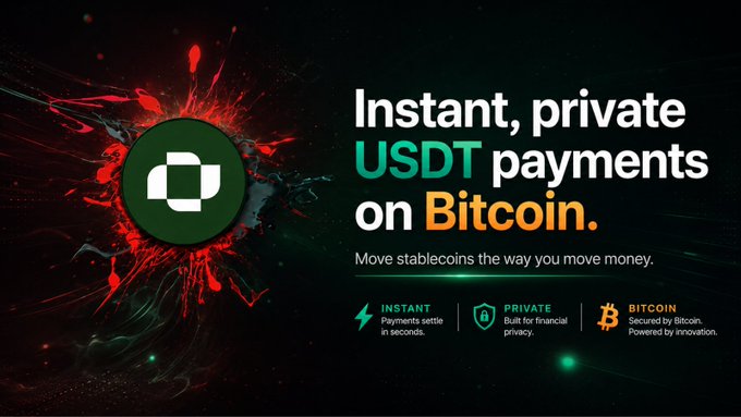 An advertisement graphic featuring a green USDT logo emerging from a red splash, promoting 'Instant, private USDT payments on Bitcoin' with icons highlighting instant settlement, financial privacy, and Bitcoin security.