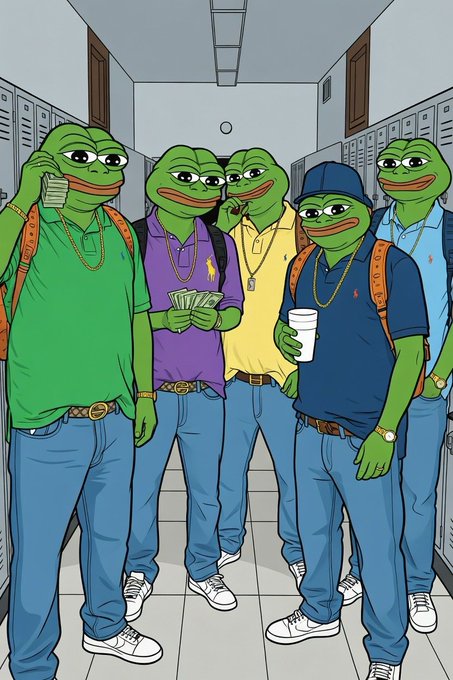 A digital illustration showing five Pepe the Frog characters dressed in polo shirts, jeans, and accessories, standing in a school hallway lined with lockers.