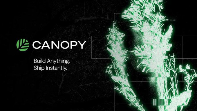 A promotional graphic for Canopy with the tagline 'Build Anything. Ship Instantly.' featuring green 3D plant-like digital renderings on a dark background.