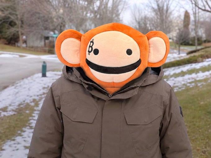 A person wearing a brown winter jacket stands outdoors in a snowy area, with their face obscured by a large plush orange monkey hat featuring a "B" logo.