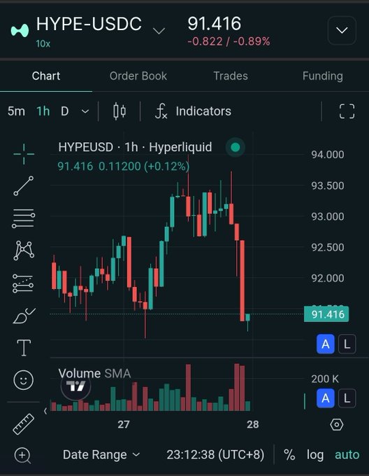 A trading chart displays HYPE-USDC on Hyperliquid at 91.416, showing a -0.89% decline with red and green candlesticks on a 1-hour timeframe.