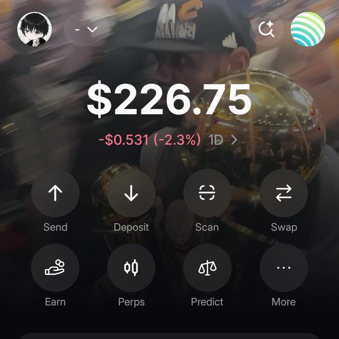 The image shows a crypto wallet home screen displaying a portfolio balance of **$226.75**, down **-$0.531 (-2.3%)** over 1D, with action buttons for Send, Deposit, Scan, Swap, Earn, Perps, Predict, and More. The screenshot relates to the post by documenting the user's $226.75 balance, likely serving as proof of funds to enter the **0.2 SOL giveaway** the poster is running.