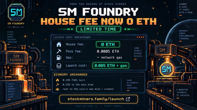 A promotional graphic for 'SM FOUNDRY' advertising 'HOUSE FEE NOW 0 ETH' for a limited time, showing a launch cost breakdown including a 0 ETH house fee and 0.0005 ETH Pons fee, with the URL 'stockminers.family/launch'.