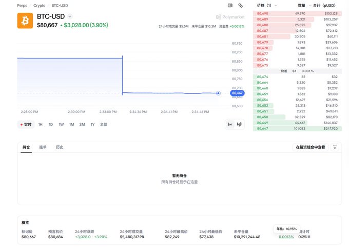 A screenshot of the Polymarket trading interface showing BTC-USD perpetual futures at $80,667 (+$3,028 / +3.90%) with a price chart dropping from ~$80,950 to $80,667, alongside the order book displaying ask and bid levels with relatively thin liquidity (e.g., ~$153K, $103K, $97K notional values) at various price points between $80,647 and $80,693.