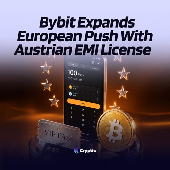 The image is a promotional graphic featuring a smartphone displaying a Bybit trading interface (showing a 100 EUR to BTC conversion with a numeric keypad), alongside a large gold Bitcoin coin, a "VIP PASS" card, and floating star decorations against a dramatic orange and dark background. The headline reads "Bybit Expands European Push With Austrian EMI License," with the "Cryptic" logo at the bottom, visually reinforcing the post's announcement about Bybit's regulatory milestone and European expansion plans.