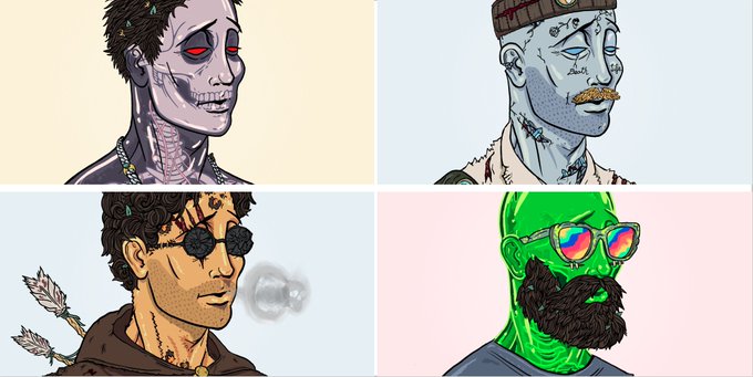 A grid of four stylized illustrations featuring unique character portraits: a gray-skinned zombie-like figure with red eyes, a blue-skinned man with a mustache and beanie, a brown-haired man with arrows in his shoulder, and a green-skinned bearded man wearing rainbow-lensed sunglasses.