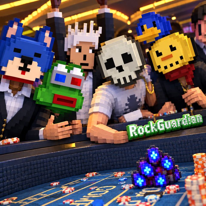 A stylized scene of people in suits wearing blocky, pixel-art masks resembling video game characters at a casino table with chips, branded with 'RockGuardian'.