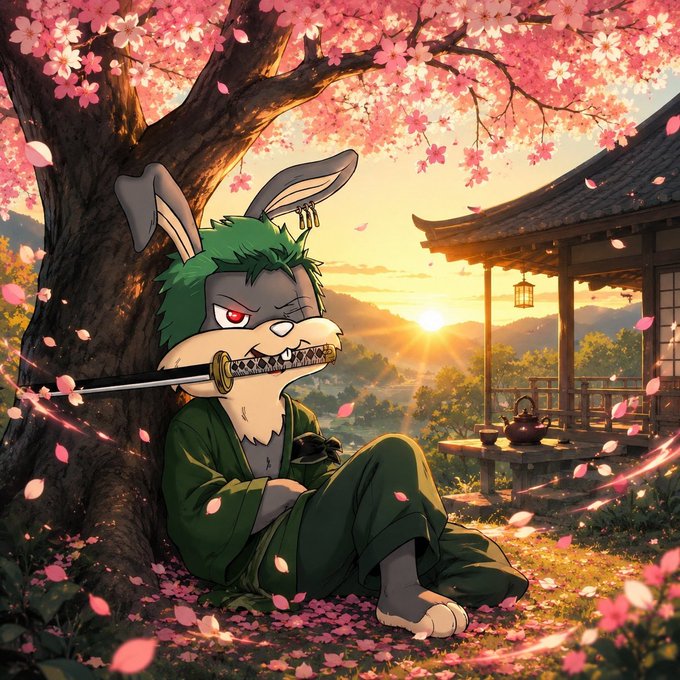 An anime-style illustration depicts a fierce rabbit character in a green kimono wielding a katana under a blooming cherry blossom tree at sunset.
