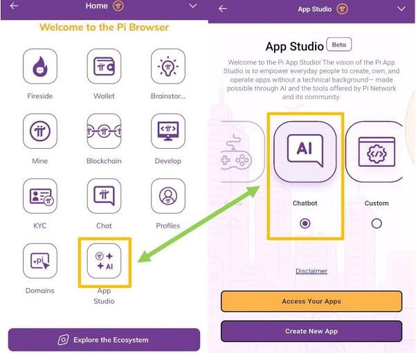 A screenshot of the Pi Browser showing the Home screen with various icons and the App Studio screen highlighting the Chatbot AI feature.