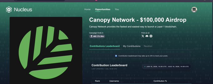 The Nucleus website displays a Canopy Network $100,000 Airdrop opportunity, showing campaign details, a contributions leaderboard, and social media links.