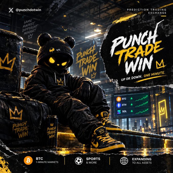 A promotional advertisement for "PUNCH TRADE WIN," a prediction trading exchange, featuring a masked character in a boxing ring setting alongside crypto tickers for BTC, ETH, and SOL.