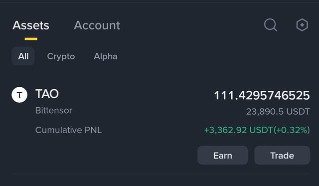 A cryptocurrency trading app screenshot showing TAO (Bittensor) holdings of 111.4295746525 tokens valued at 23,890.5 USDT, with a cumulative PNL of +3,362.92 USDT (+0.32%).