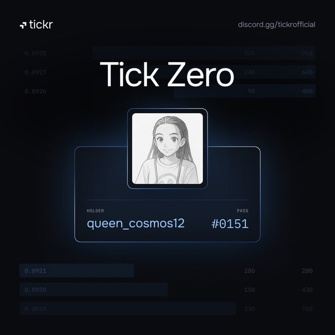 A digital NFT-style card from 'tickr' titled 'Tick Zero' featuring an anime-style female character, assigned to holder 'queen_cosmos12' with pass #0151.