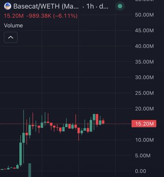 A candlestick chart shows Basecat/WETH (Basecat) trading at 15.20M, down 6.11% (-989.38K), with a daily high near 18M and significant volatility visible in the recent price action—capturing the speculative "what if" moment of a meme coin's dramatic price swings.