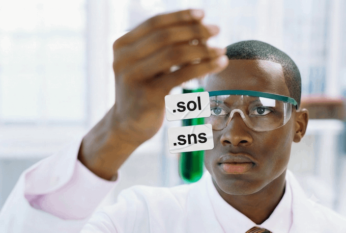 A young scientist in a white lab coat and safety goggles examines a green test tube, with two floating label boxes reading '.sol' and '.sns' overlaid on the image, suggesting domain name extensions.