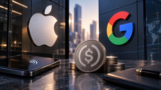A conceptual image shows the Apple and Google logos on glass panels with a stack of coins and a US dollar coin in the foreground alongside a smartphone and notebook.