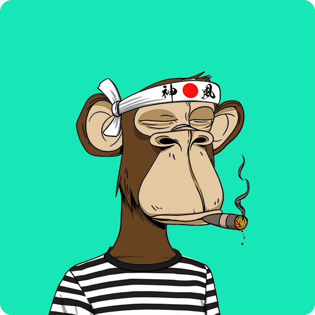 A cartoon illustration of a Bored Ape-style monkey wearing a Japanese headband and a striped shirt, smoking a lit cigar against a teal background.
