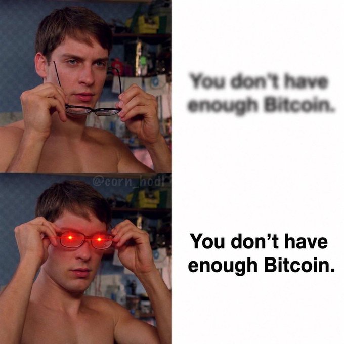 A two-panel meme using the "Hawkward" glasses meme template, showing a man putting on glasses with glowing red laser eyes in the bottom panel, accompanied by the text "You don't have enough Bitcoin."