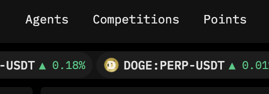 A dark-themed navigation bar or ticker showing tabs for 'Agents', 'Competitions', and 'Points', with partial cryptocurrency pairs like 'BTC-USDT' and 'DOGE:PERP-USDT' visible below.