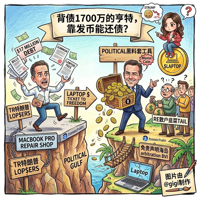 A satirical cartoon illustration depicting a Trump character jumping across a 'Political Gulf' from a 'Macbook Pro Repair Shop' cliff toward an island with a treasure chest of '$LAPTOP' meme coins, with Chinese text about $17 million debt and various political references.