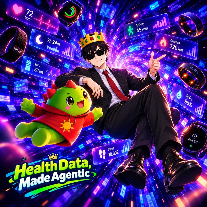 An anime-style illustration of a man in a suit and crown with a green mascot, surrounded by health data metrics including Heart Rate (72 bpm), Sleep (7h 24m), HRV (56 ms), Activity (45 min), Calories (720 kcal), SpO2 (98%), and Steps (10,392), with text reading 'Health Data, Made Agentic.'