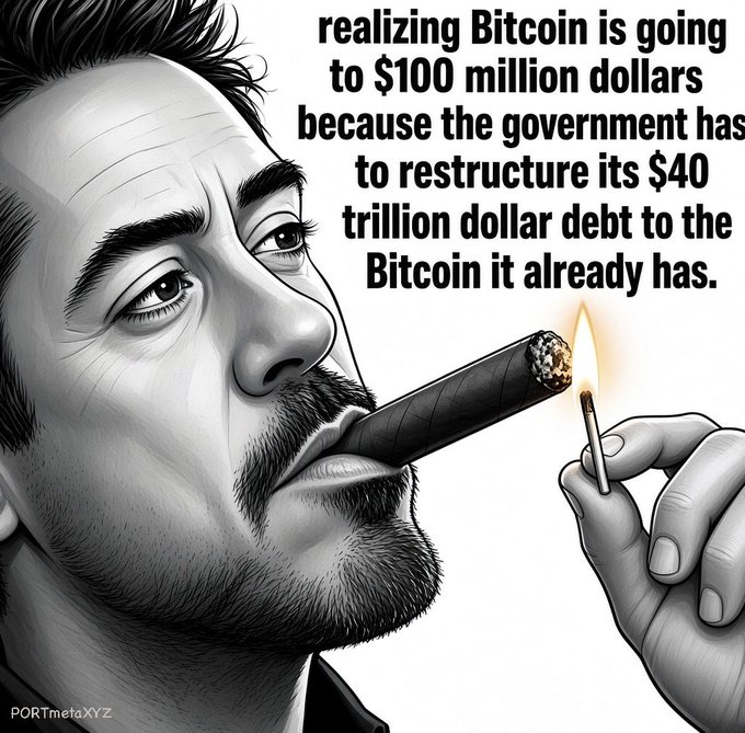 A black and white illustrated meme showing a man smoking a cigar with text reading 'realizing Bitcoin is going to $100 million dollars because the government has to restructure its $40 trillion dollar debt to the Bitcoin it already has.'