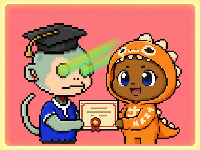 A pixel art illustration shows two characters against a pink background: one with green hair and laser-beam glasses wearing a graduation cap and blue suit, and another in an orange dinosaur costume, jointly holding a certificate.