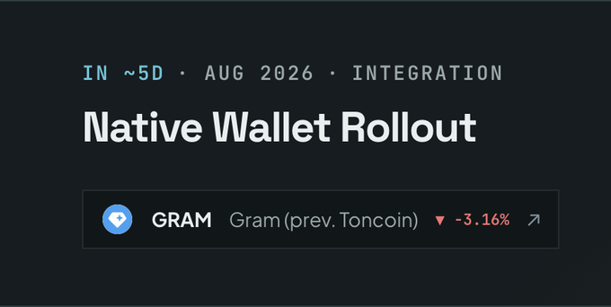 A digital graphic announces a 'Native Wallet Rollout' scheduled for August 2026, displaying a ticker for GRAM (Gram, prev. Toncoin) showing a decline of 3.16%.