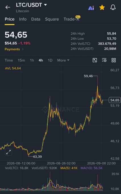 A Binance trading interface displays the LTC/USDT price chart for Litecoin, currently at $54.65 (-1.19%), with a notable spike visible on the chart reaching $59.46 before pulling back, alongside 24h volume of 383,679.49 LTC. The image visually supports the post's claim about the recent pump to ~$59 being a precursor, highlighting the sharp price spike and subsequent retracement as evidence of a "test" before an anticipated move toward $100.