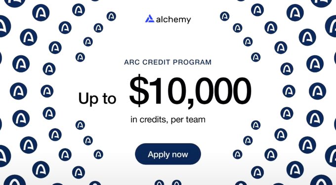 An Alchemy graphic reads “ARC CREDIT PROGRAM,” “Up to $10,000 in credits, per team,” and “Apply now,” surrounded by repeated Alchemy logos.