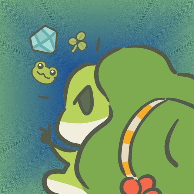 A digital illustration of a green frog character with a sword strapped to its back, looking at a diamond, a percentage symbol, and a small smiling frog face emoji against a blue textured background.