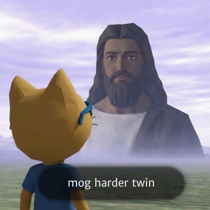 A 3D-rendered cat-like character gazes up at a giant Jesus-like figure emerging from clouds, with the caption "mog harder twin" displayed at the bottom—parodying the JFK quote to humorously urge $MOG holders to do more for the meme coin rather than just hoping it delivers.