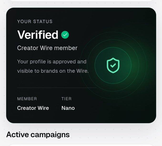 A digital interface showing a 'Verified' status for a 'Creator Wire member' on the 'Nano' tier, with text stating 'Your profile is approved and visible to brands on the Wire.'