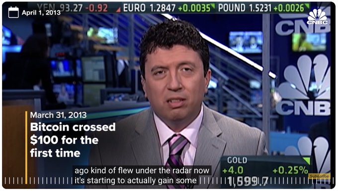 A CNBC broadcast from April 1, 2013, shows anchor Brian Kelly reporting that "Bitcoin crossed $100 for the first time" as of March 31, 2013, with ticker data showing the Dow VEN at 93.27, EURO at 1.2847, POUND at 1.5231, and Gold at $1,599.7. The image highlights Bitcoin's early mainstream media moment at triple-digit pricing, fitting the post's nostalgic "HODL" message urging viewers to zoom out and reflect on Bitcoin's journey since that historic milestone.