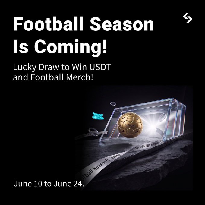 The image features an advertisement for a Football Season special campaign that has just started. The poster displays a gold soccer ball with a trophy inside a glass box, surrounded by text promoting the upcoming event. The poster also includes a link to the website "www.bitget.com" and mentions that there is a new user task available on June 10th for depositing 100 USDT into the campaign.