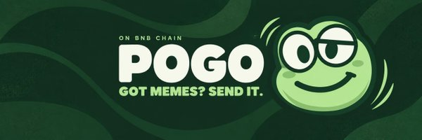 A green banner for the BNB Chain token POGO featuring a cartoon frog face and the tagline 'GOT MEMES? SEND IT.'