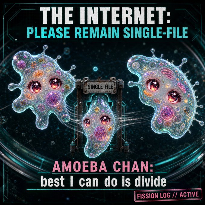 A meme-style image reading 'THE INTERNET: PLEASE REMAIN SINGLE-FILE' and 'AMOEBA CHAN: best I can do is divide' with a 'FISSION LOG // ACTIVE' tag, featuring sparkly amoeba creatures with eyes trying to pass through a 'SINGLE-FILE' gate.