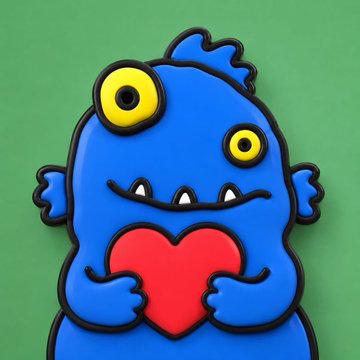 The image features a cartoon monster-like creature with a blue body, red and black head, and yellow eyes. It has two teeth and is holding a heart in its left hand. Above the creature's head, there is an illustration of a heart, symbolizing love or affection. The monster appears to be sitting on top of a green wall. Below this image, there is text that reads: "mint of the day is @gloobiez_eth minting today at 2PM UTC - 0.0005 eth (~$0.80) to mint". This suggests the image's origin from Team → WL/GTD → Public and the monster being a collector's edition item, which has been advertised online.