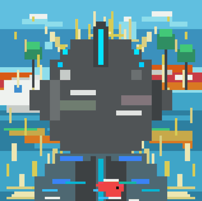 A pixel art character with a dark grey blocky body and cyan accents stands against a vibrant pixelated beach scene with palm trees, ocean, and sky, accompanied by a small red fish at the bottom. The image represents an NFT artwork discovery on the Robinhood Chain, showcasing the type of retro-style digital collectible art available on the platform.